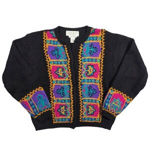 Studio Michelle Stuart Vintage 90s Wool Blend Hand Knit Cardigan Black S Retro